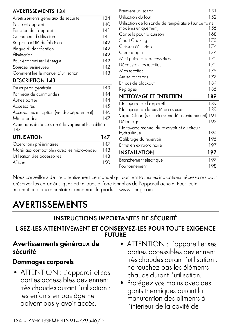 Page 1 de la notice Fiche technique Smeg SO6106WAPB3