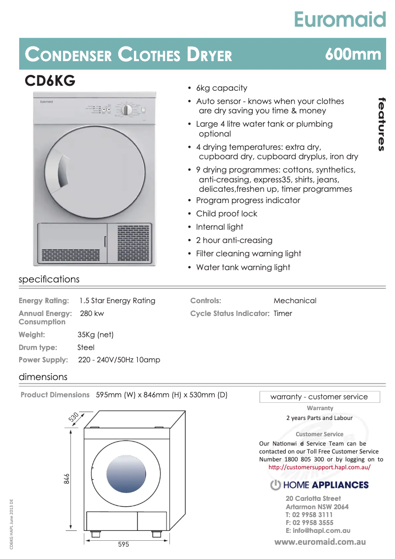 Page 1 de la notice Fiche technique Euromaid CD6KG