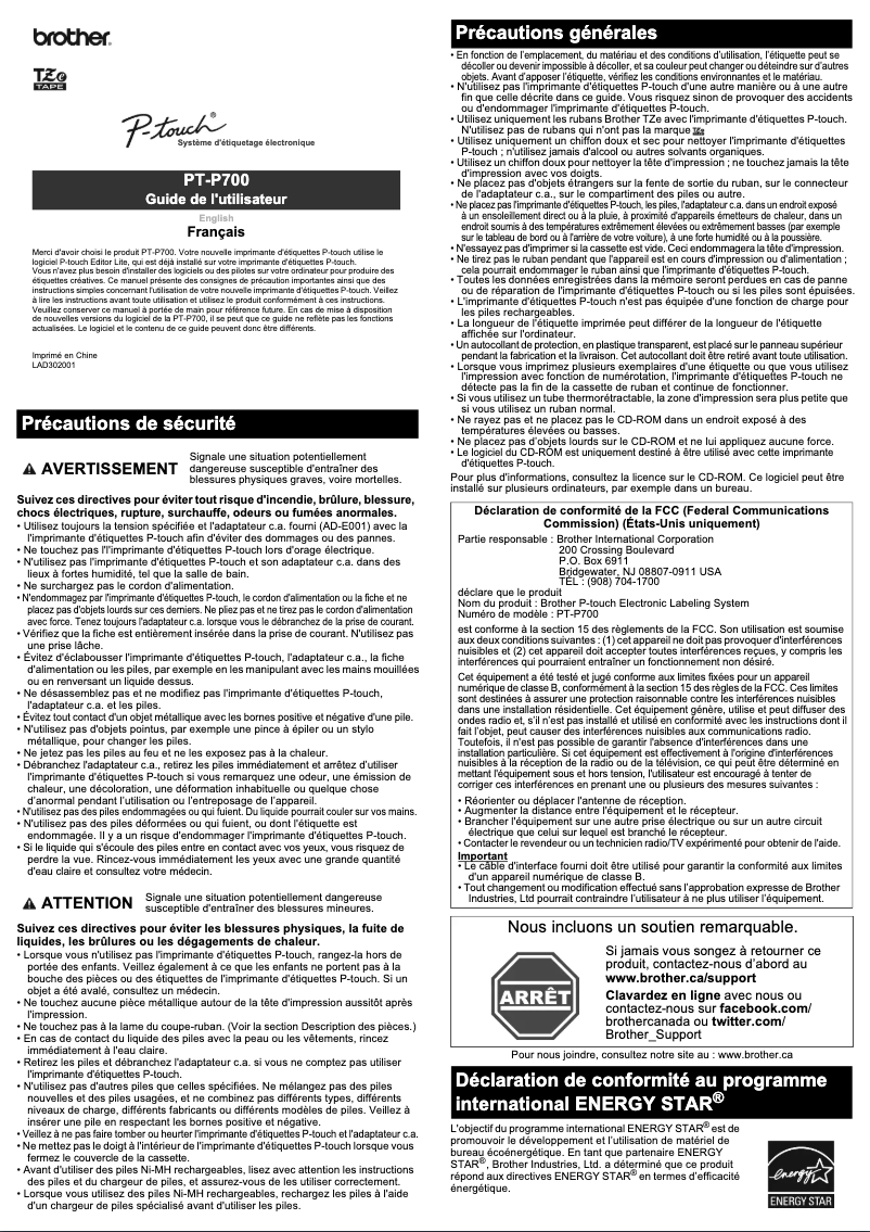 Page 1 de la notice Manuel utilisateur Brother P-Touch P700