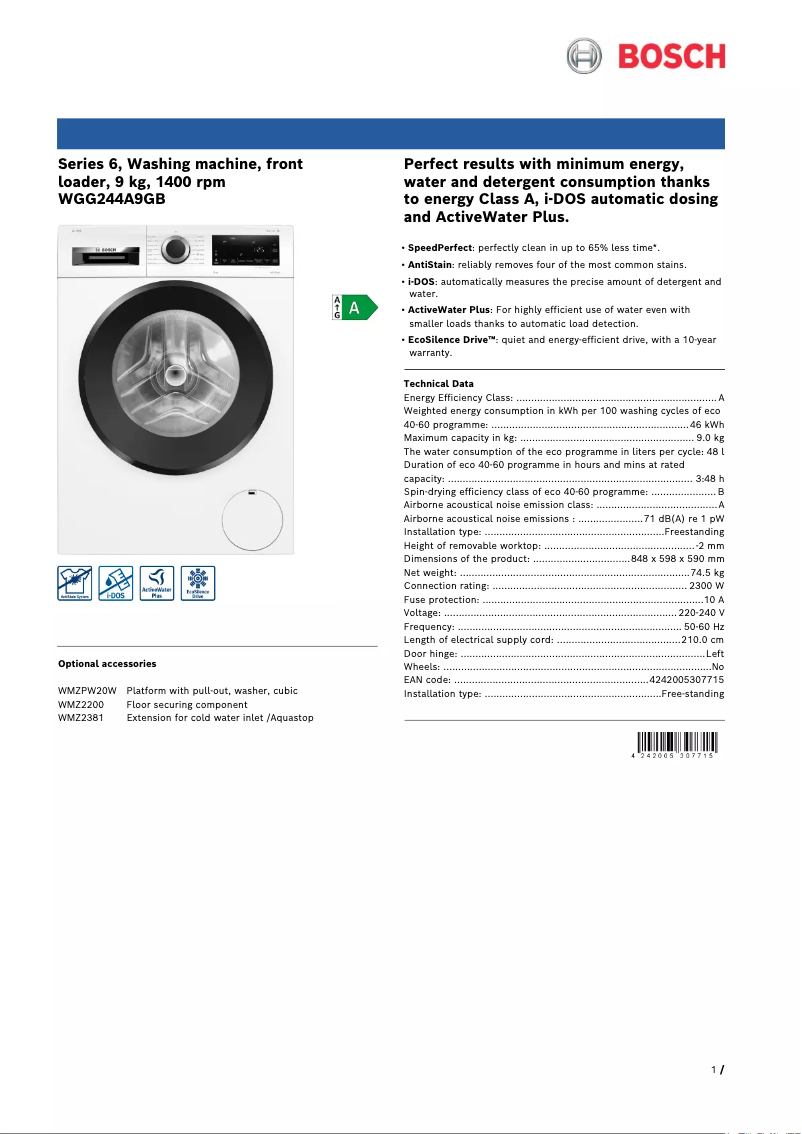 Page 1 of the manual Technical Sheet Bosch Serie 6 WGG244A9GB