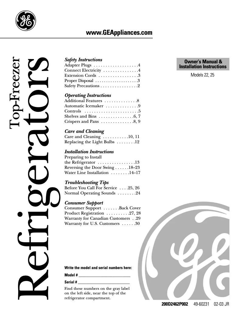 Page 1 of the manual User Manual GE GTS22JBPWW