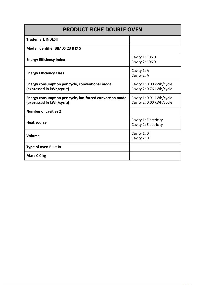 Page n°1 - Fiche technique Indesit BIMDS 23 B IX S