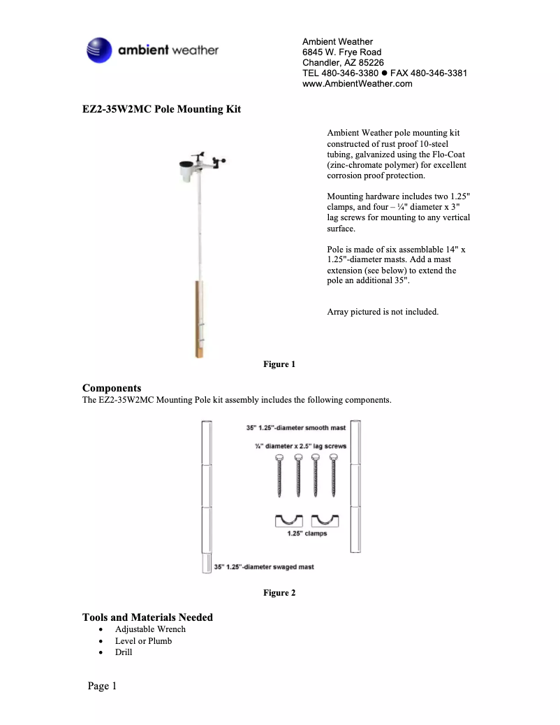 Page 1 de la notice Manuel utilisateur Ambient Weather EZ2-35W2MC