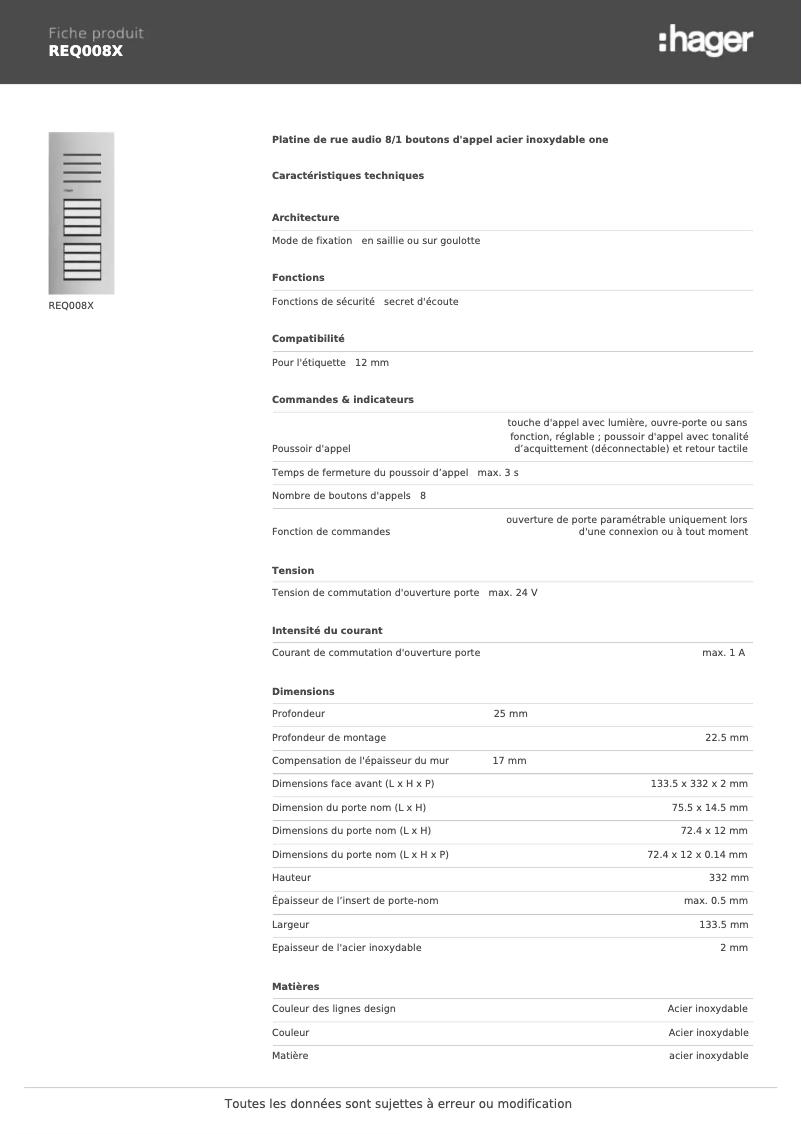 Page 1 de la notice Fiche technique Hager REQ008X