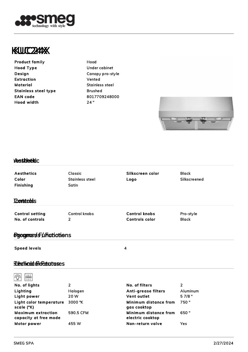 Page 1 de la notice Fiche technique Smeg KUC24X