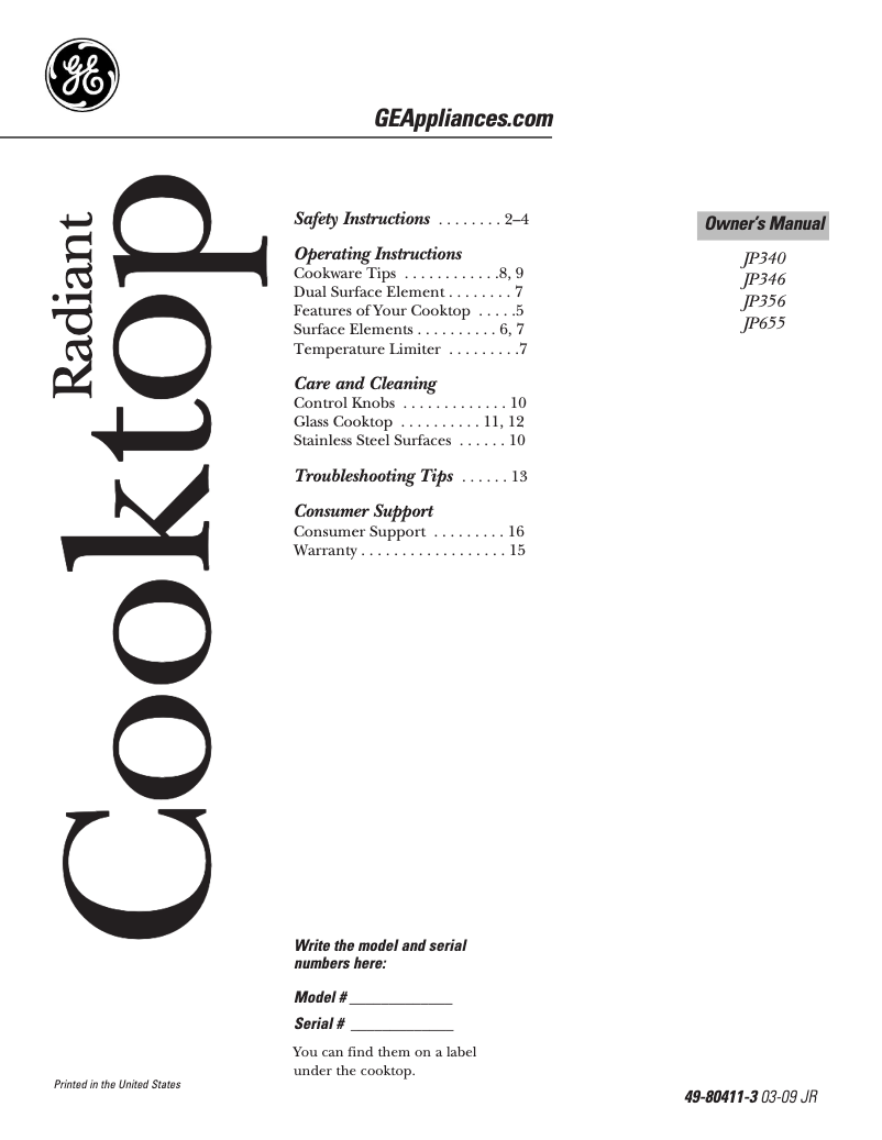 Page n°1 - Manuel d'utilisation et d'entretien GE JP346CMCC