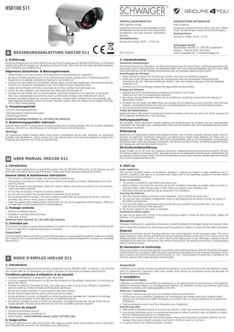 Page 1 de la notice Manuel utilisateur Schwaiger HSD100 511