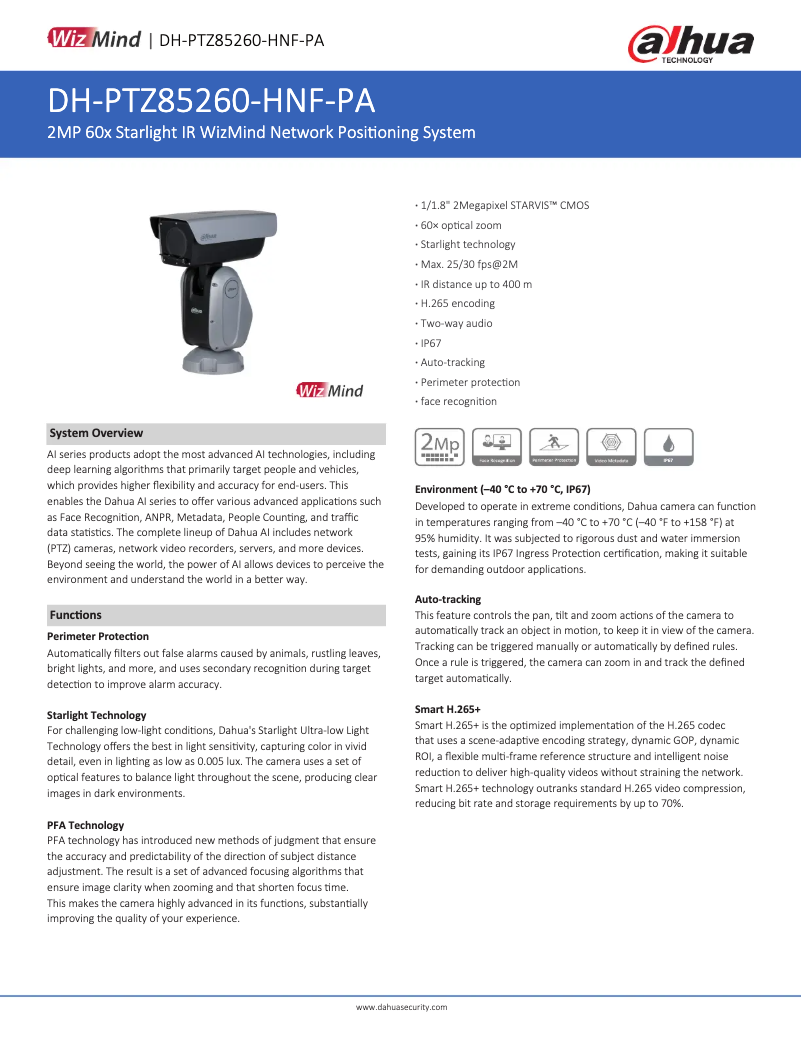 Page 1 de la notice Fiche technique Dahua Technology PTZ85260-HNF-PA