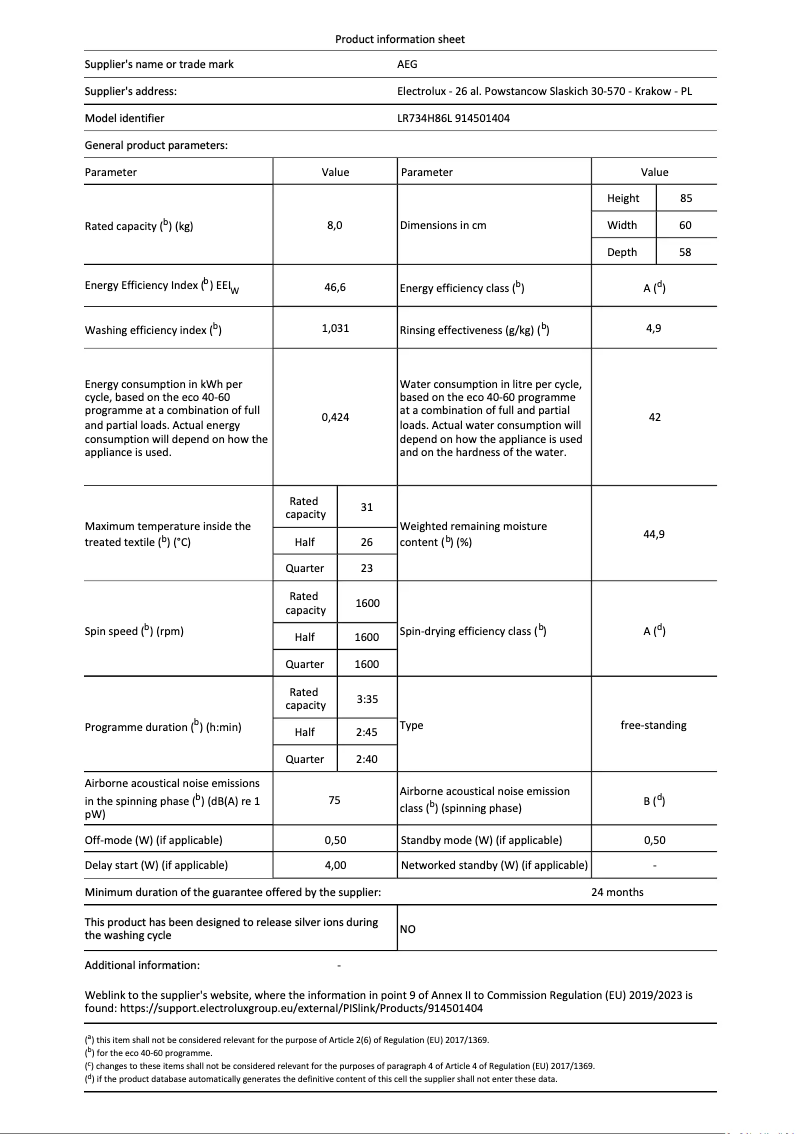 Page 1 de la notice Fiche technique AEG 7000 ProSteam LR734H86L