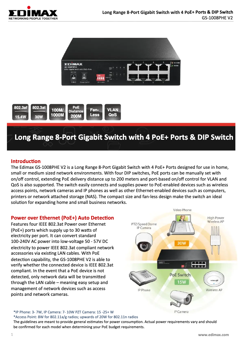 Page 1 de la notice Fiche technique Edimax GS-1008PHE V2