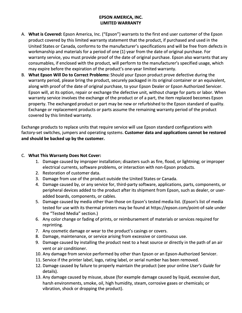 Page 1 de la notice Informations de garantie Epson Discproducer PP-50