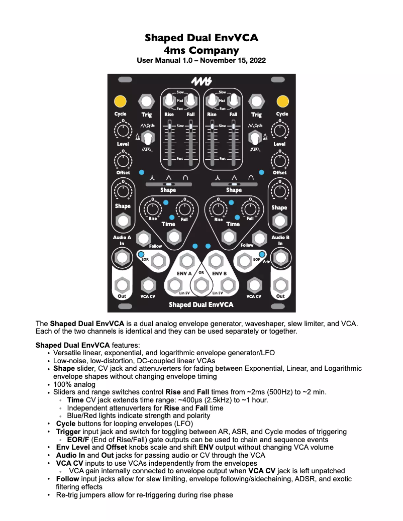 Page 1 de la notice Manuel utilisateur 4ms Shaped Dual EnvVCA