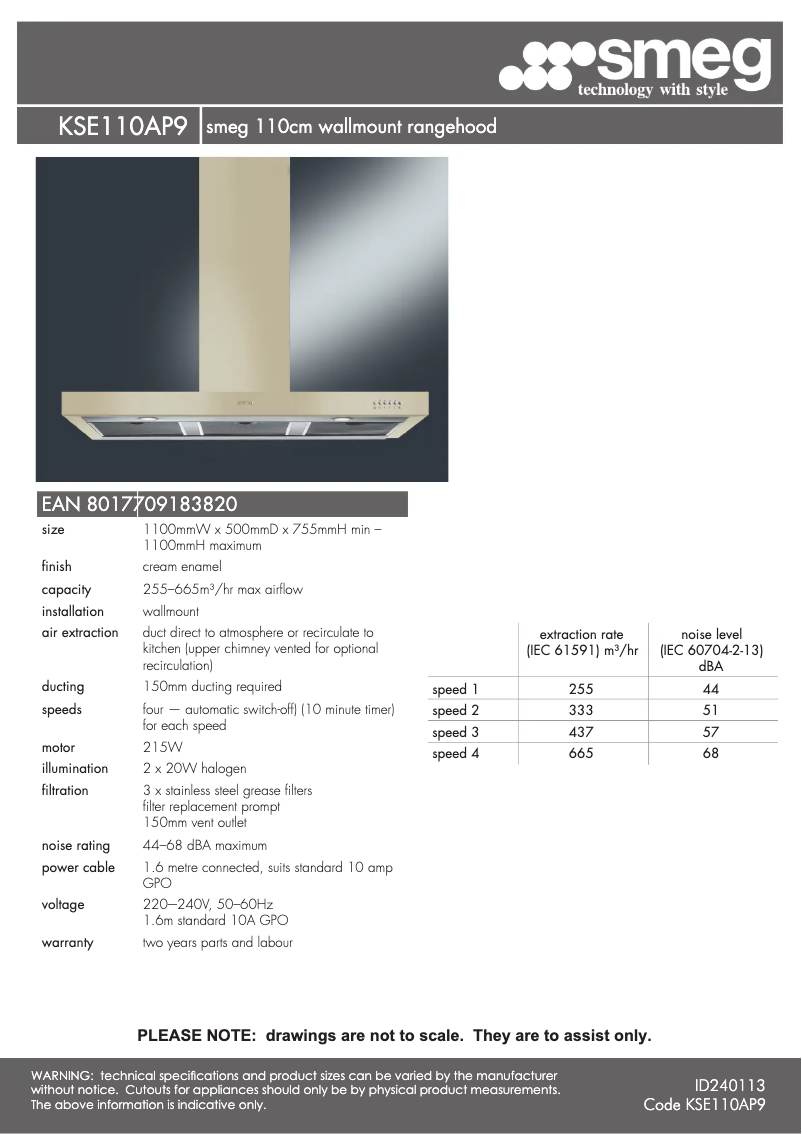Page 1 de la notice Fiche technique Smeg KSE110AP9