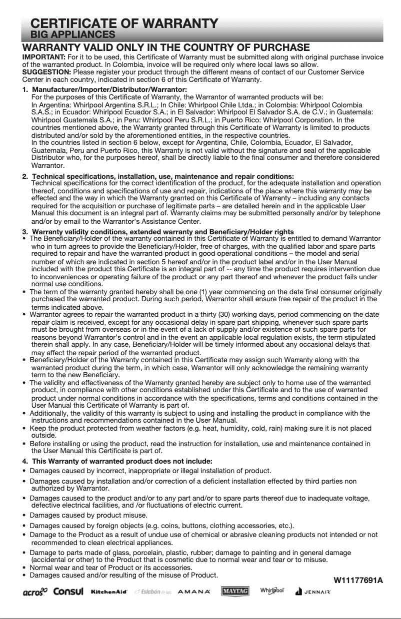 Page 1 de la notice Informations de garantie KitchenAid KDPE234GBS