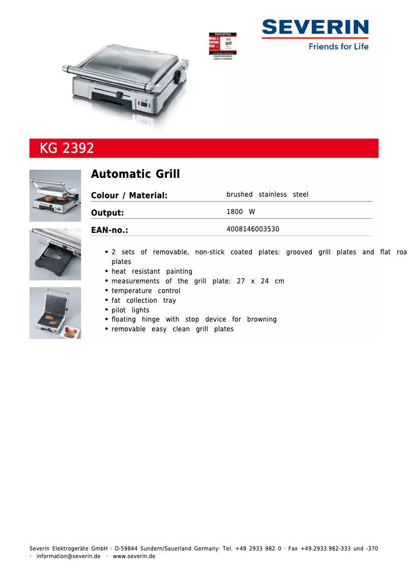 Page 1 de la notice Fiche technique Severin KG 2392
