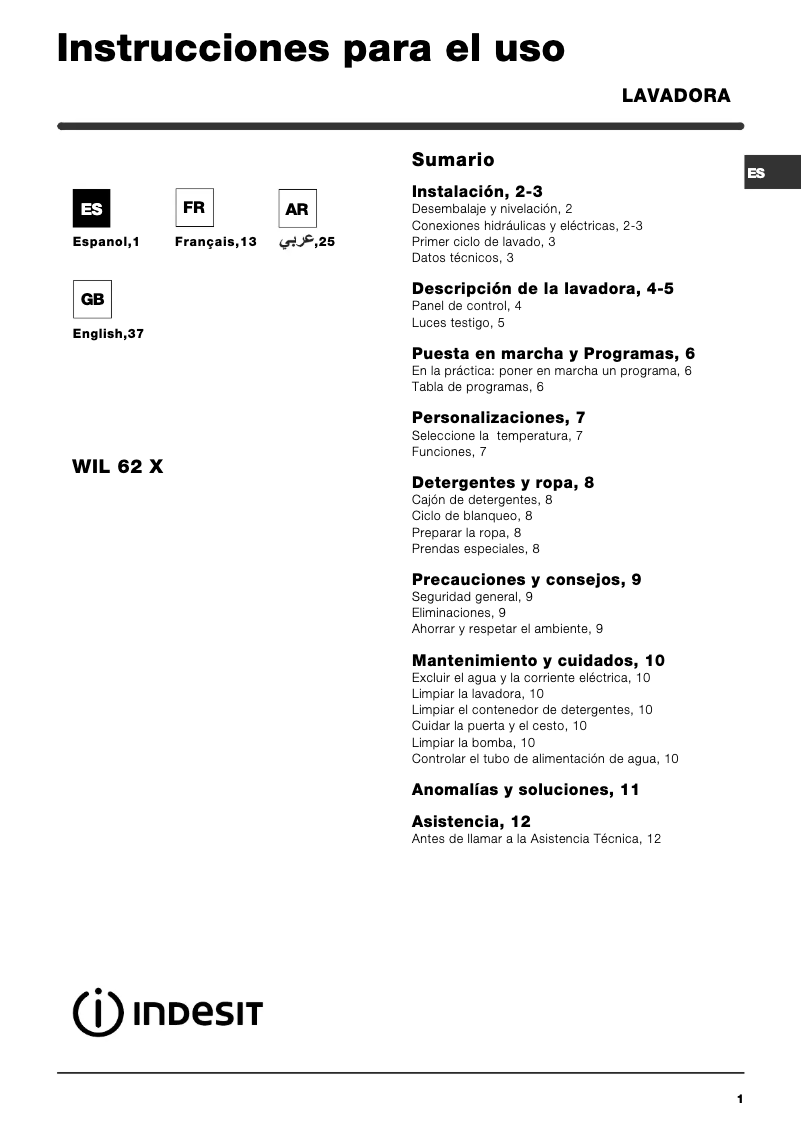 Página 1 del manual Manual de usuario Indesit WIL 62 X (EX)