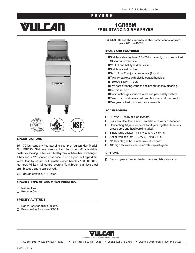 Page 1 de la notice Fiche technique Vulcan GR65