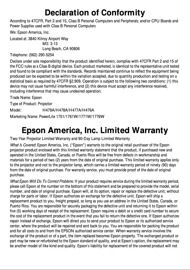 Page 1 de la notice Informations de garantie Epson PowerLite 1761W