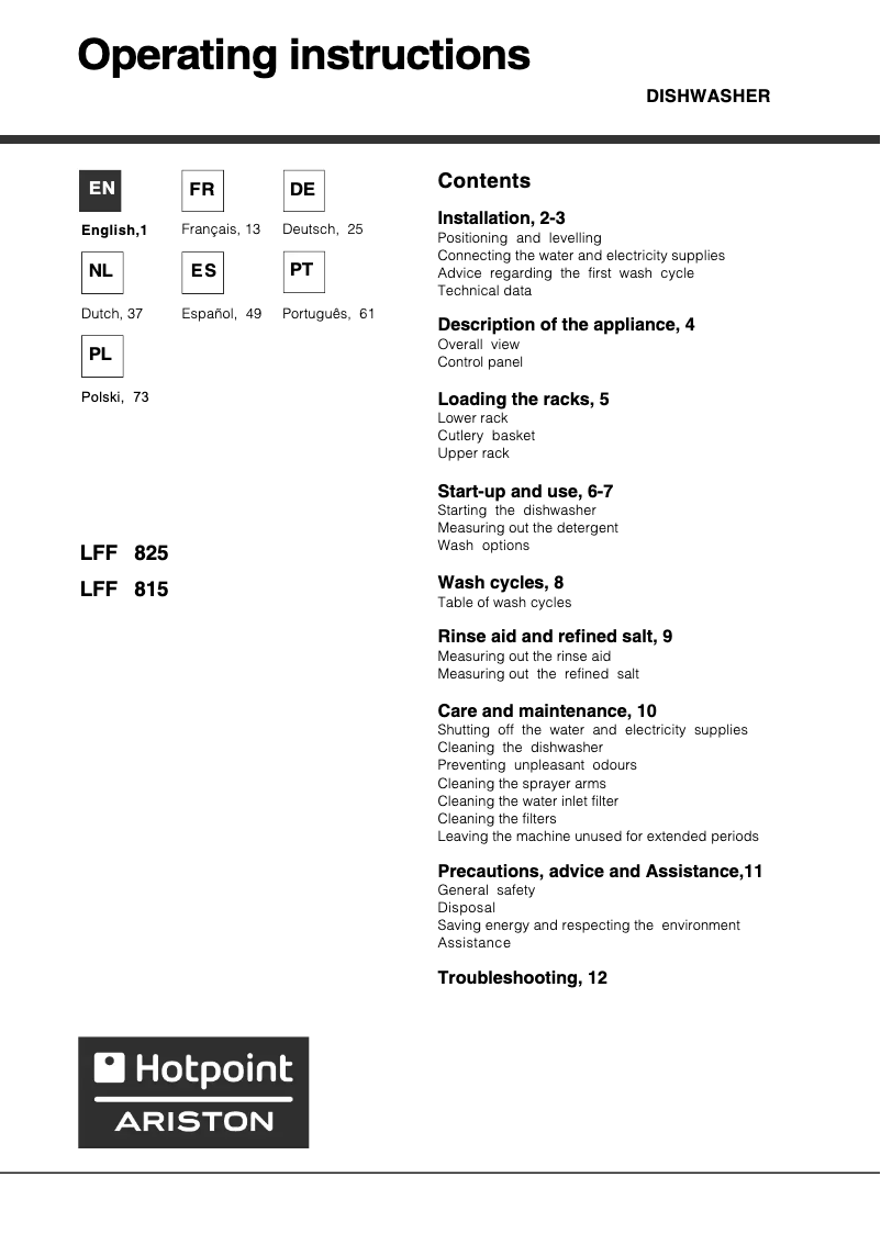 Page 1 de la notice Manuel utilisateur Hotpoint Ariston LFF 815 EU/HA.R