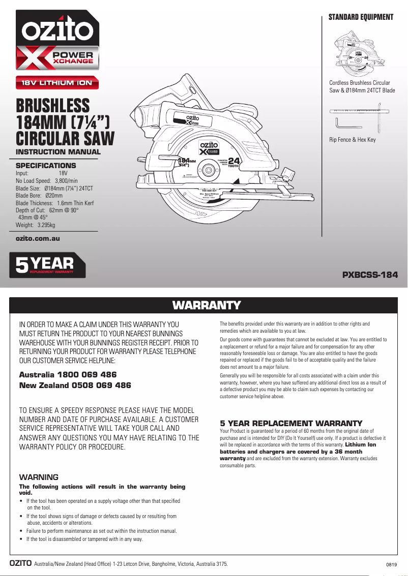 Page 1 de la notice Manuel utilisateur Ozito PXBCSS-184