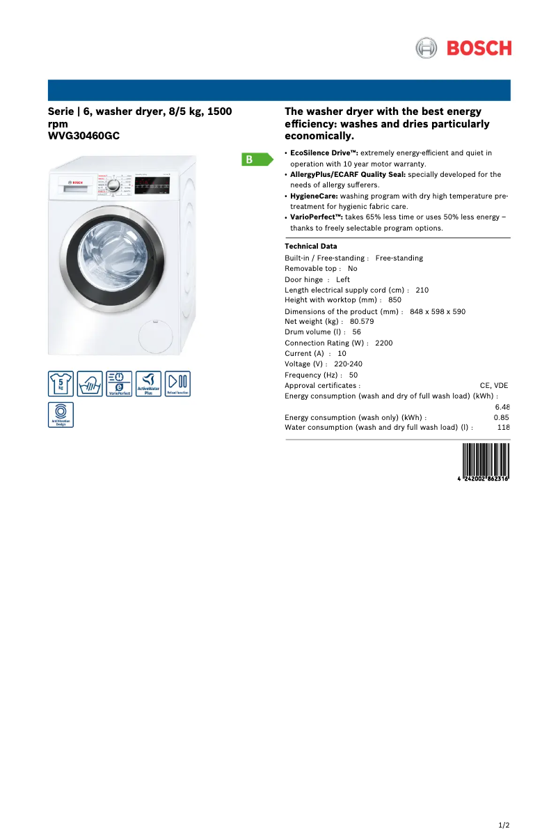 Página 1 del manual Ficha técnica Bosch WVG30460GC