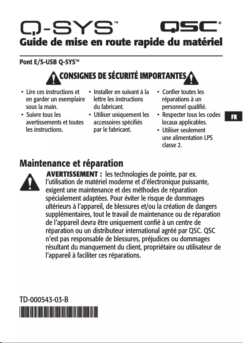 Page 1 de la notice Manuel utilisateur QSC I/O-USB Bridge