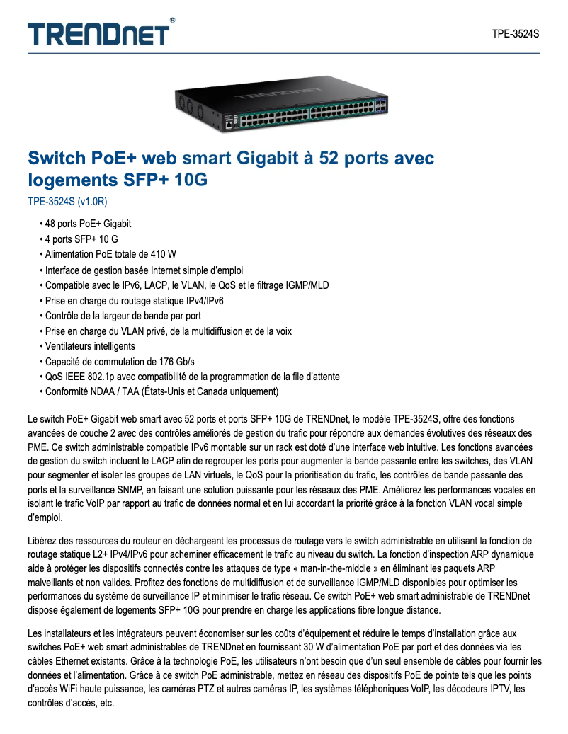 Page 1 de la notice Fiche technique TRENDnet TPE-3524S