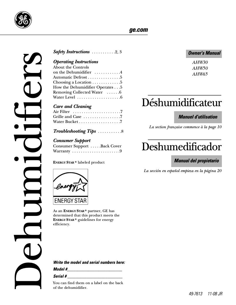 Page n°1 - Manuel utilisateur GE AHW50LM