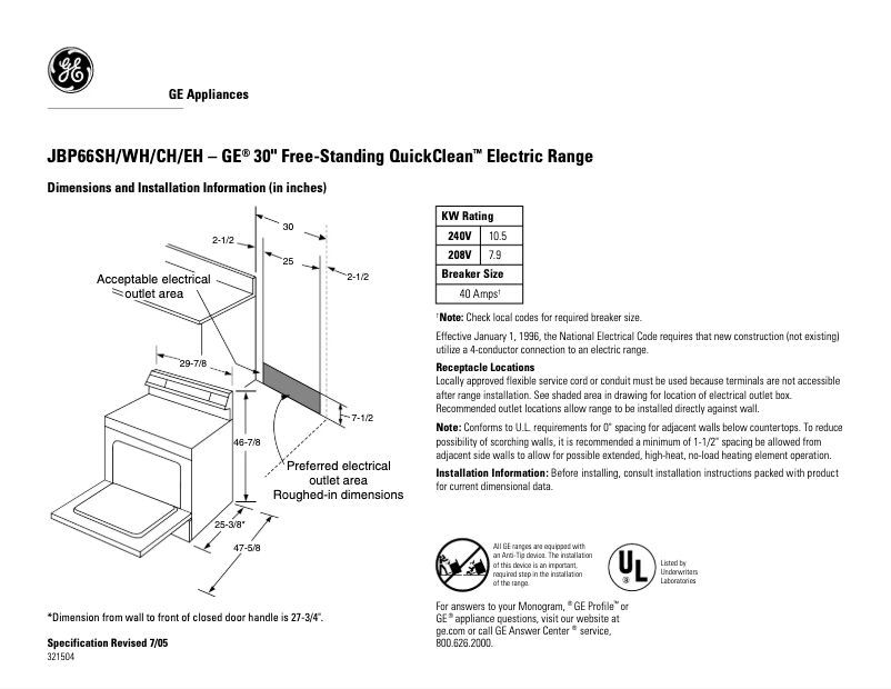 Page n°1 - Fiche technique GE JBP66CHCC