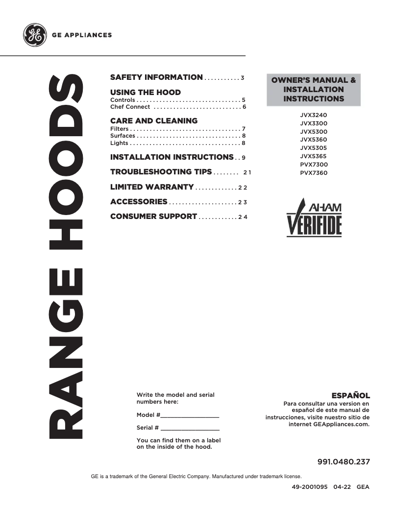 Page 1 of the manual Use and Maintenance Manual GE JVX5300DJWW