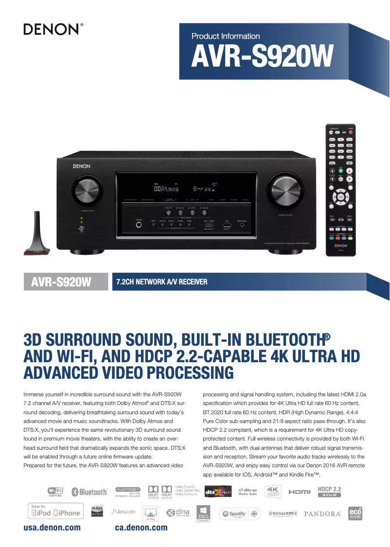 Page 1 de la notice Fiche technique Denon AVR-S920W