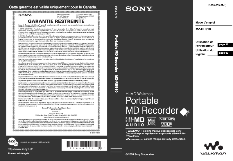 Page 1 de la notice Manuel utilisateur Sony MZ-RH910