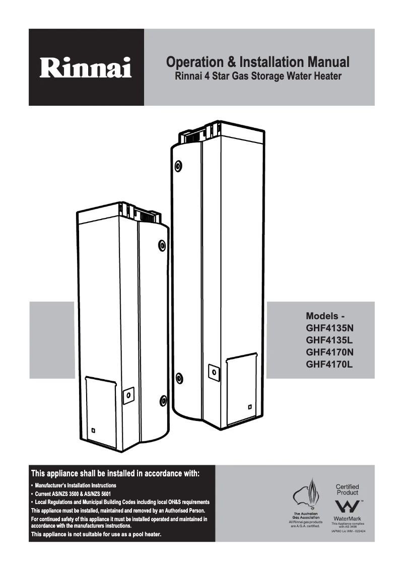 Page 1 of the manual User Manual Rinnai GHF4135L