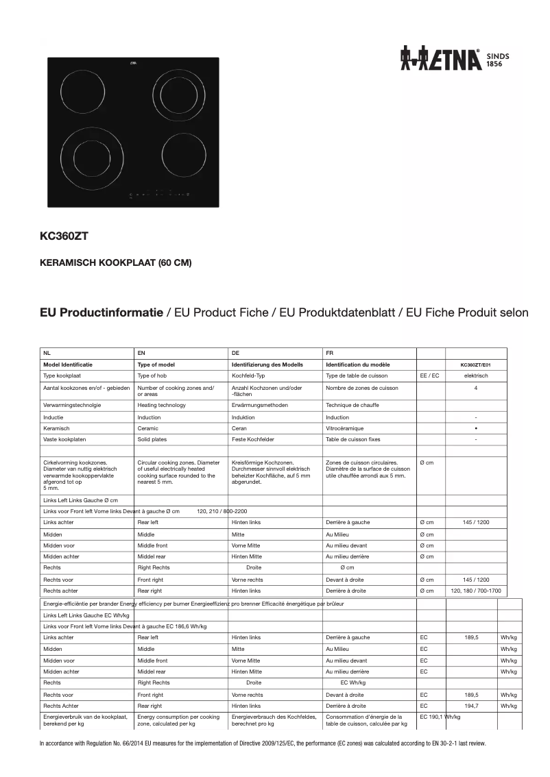 Page 1 de la notice Fiche technique Etna KC360ZT