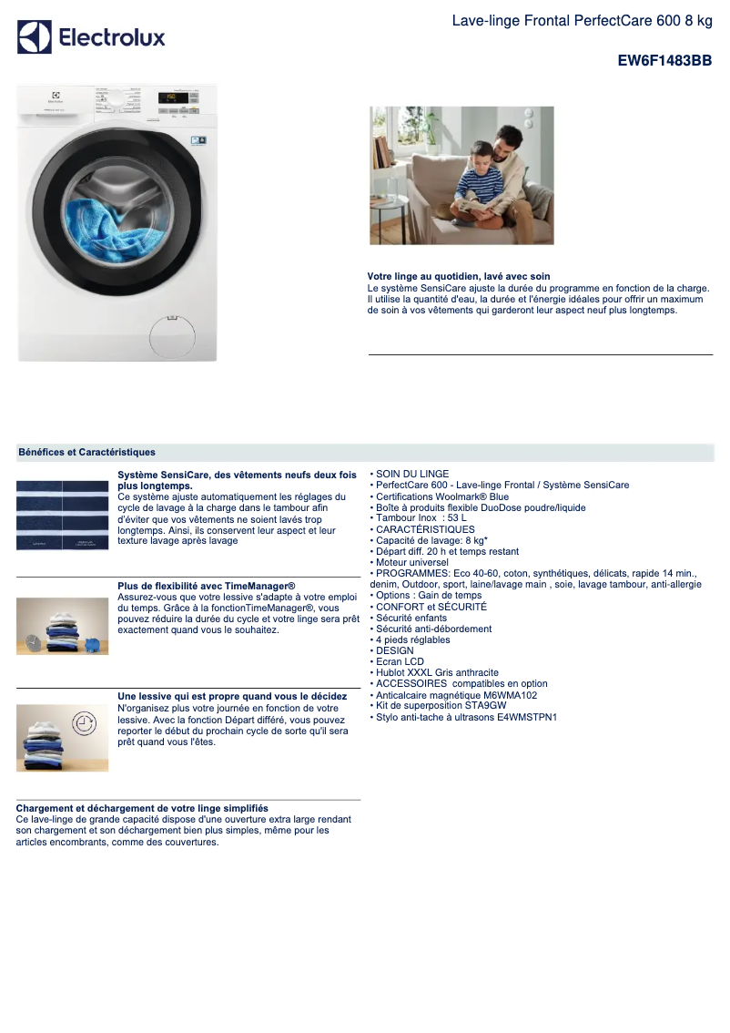 Page 1 de la notice Fiche technique Electrolux EW6F1483BB