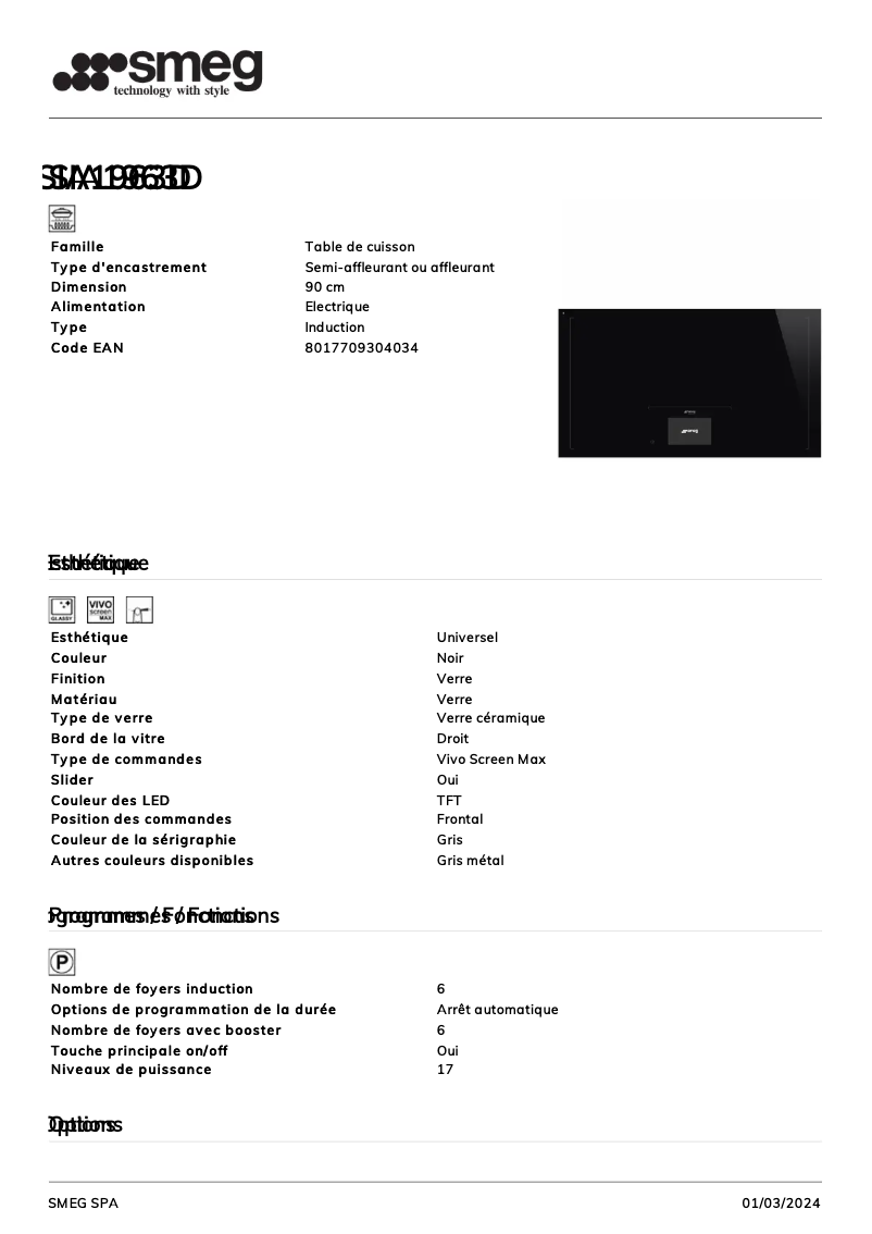 Page 1 de la notice Fiche technique Smeg SIA1963D
