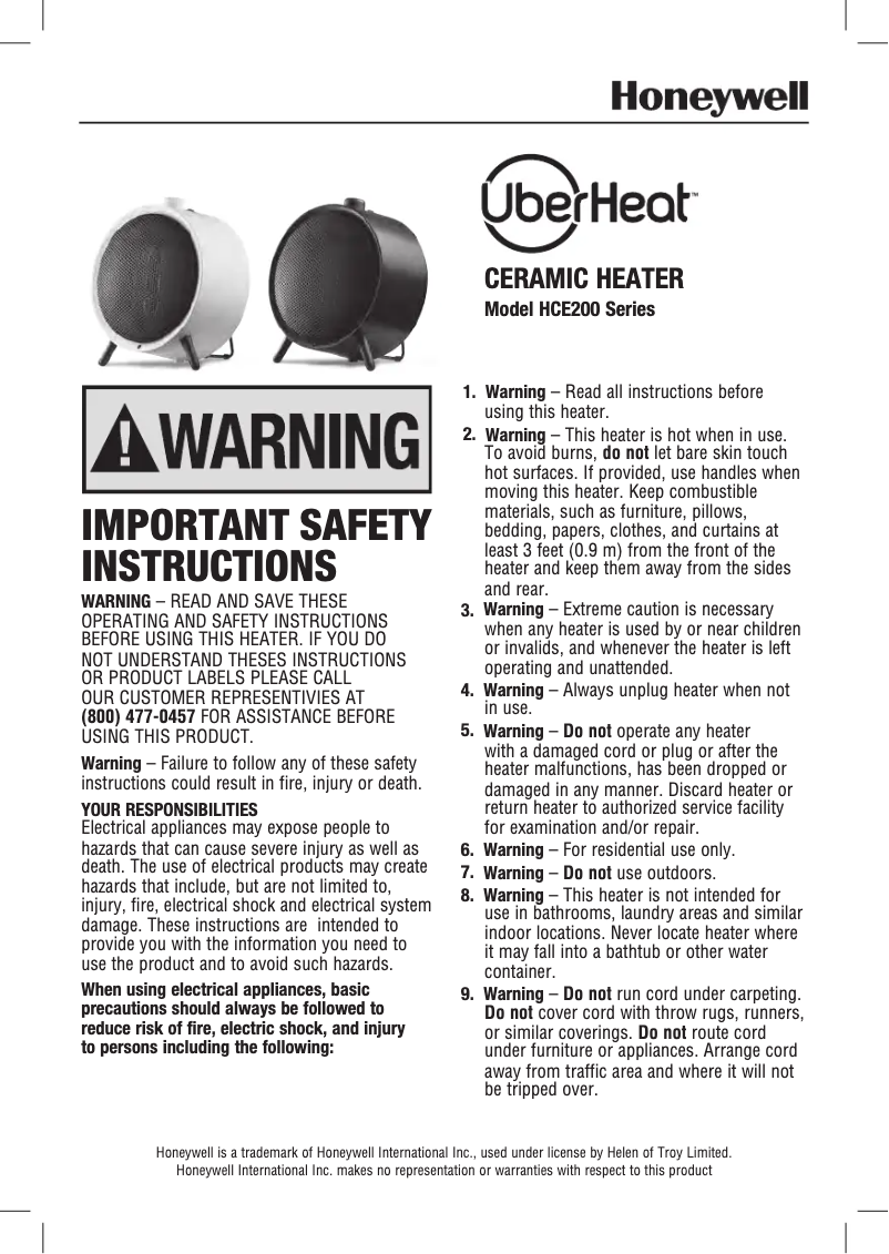 Page 1 de la notice Manuel utilisateur Honeywell UberHeat Ceramic Heater HCE200W