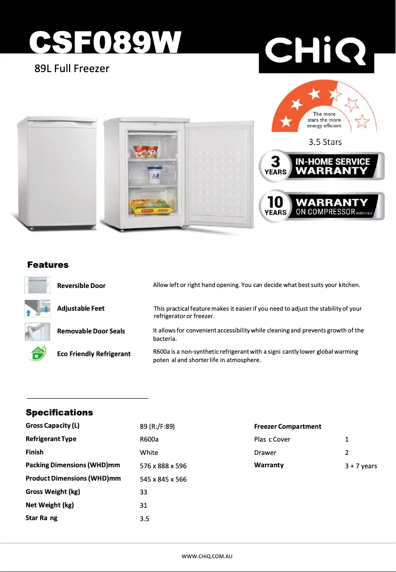 Página 1 del manual Ficha técnica CHiQ CSF089W
