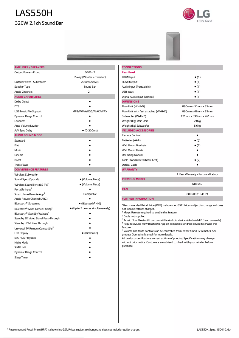 Página 1 del manual Ficha técnica LG LAS550H