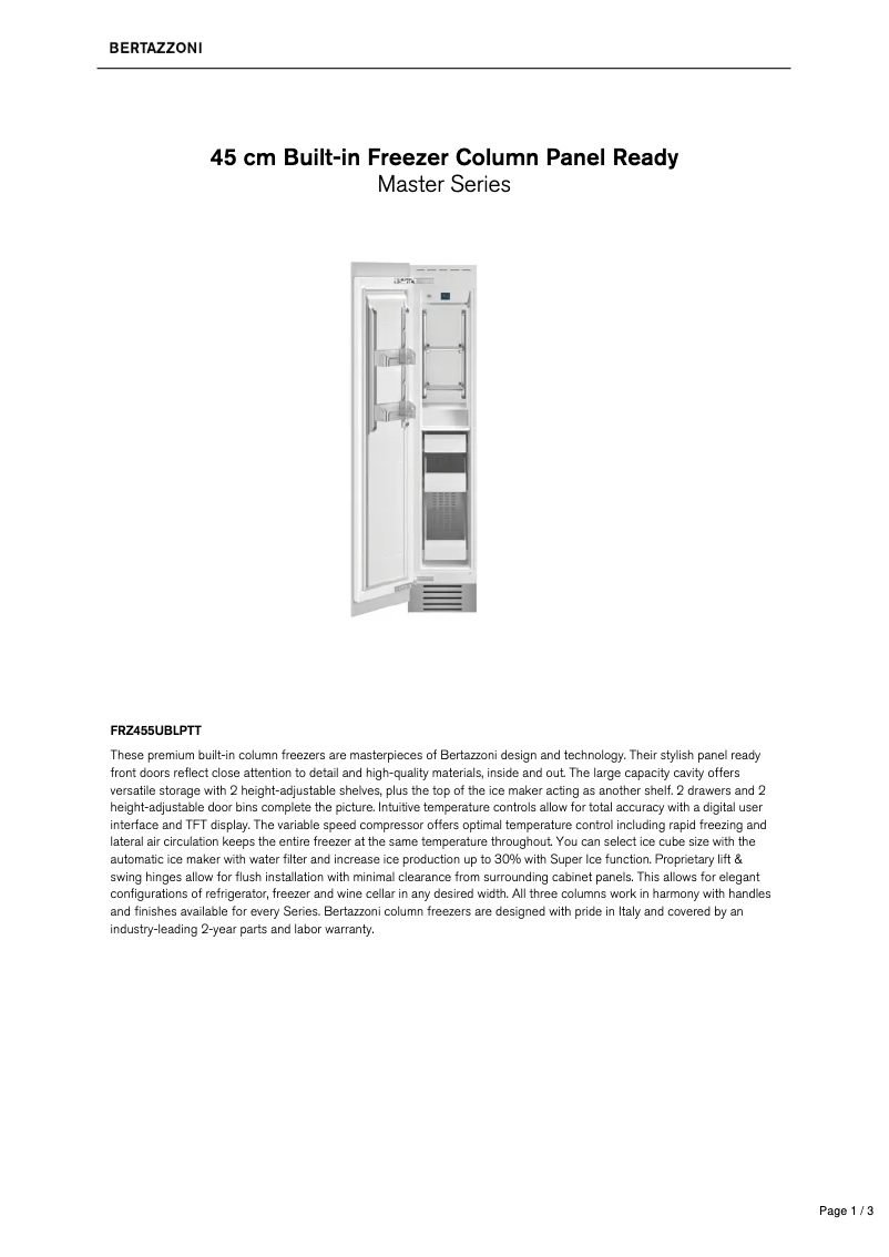 Page 1 de la notice Fiche technique Bertazzoni FRZ455UBLPTT