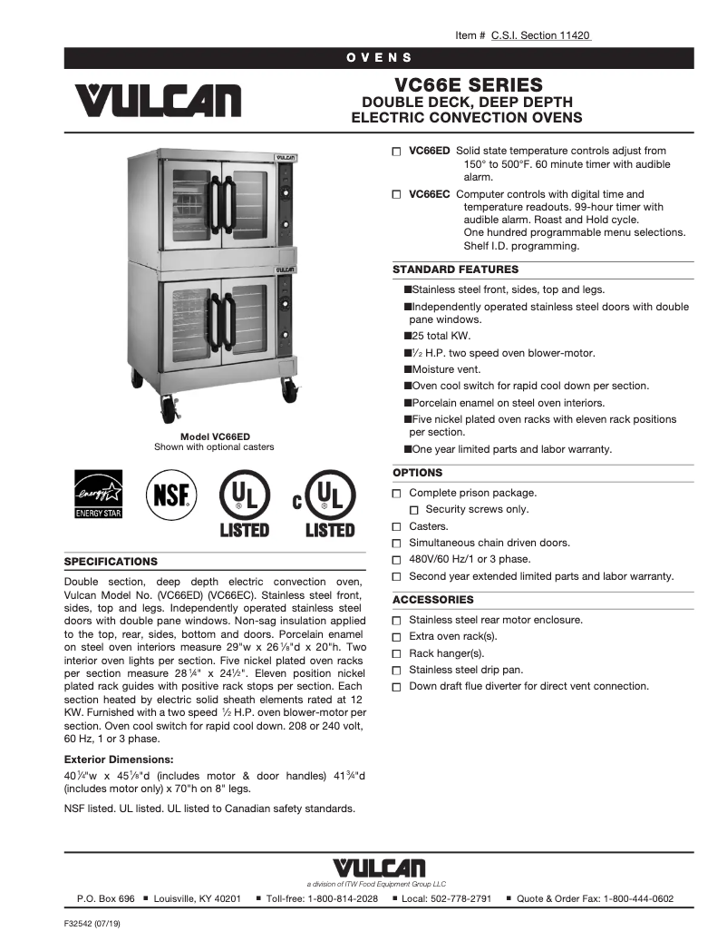 Page 1 de la notice Fiche technique Vulcan VC66EC