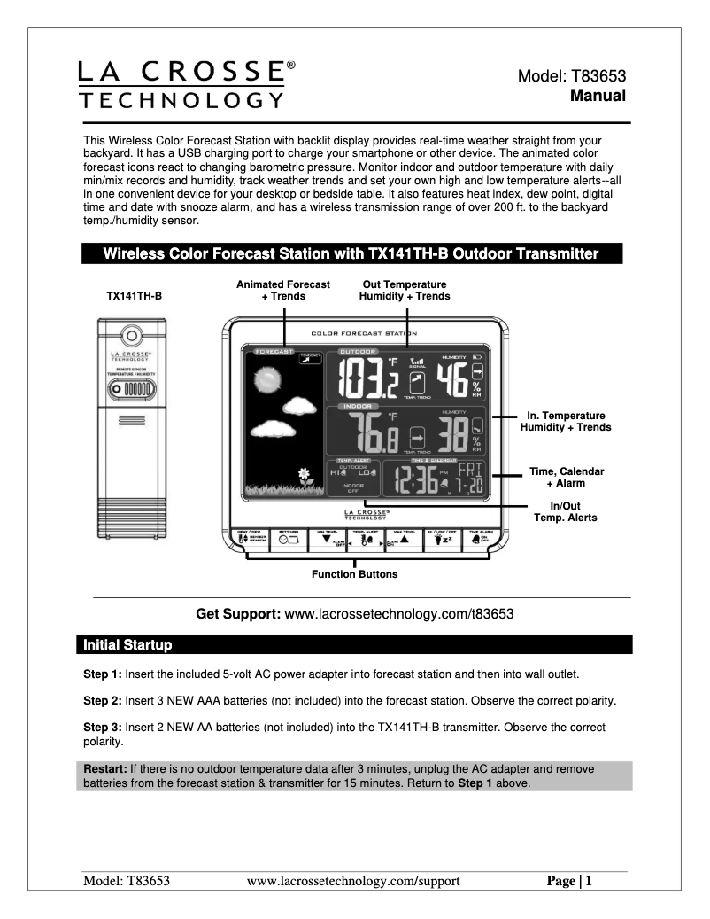 Page 1 de la notice Manuel utilisateur La Crosse Technology T83653