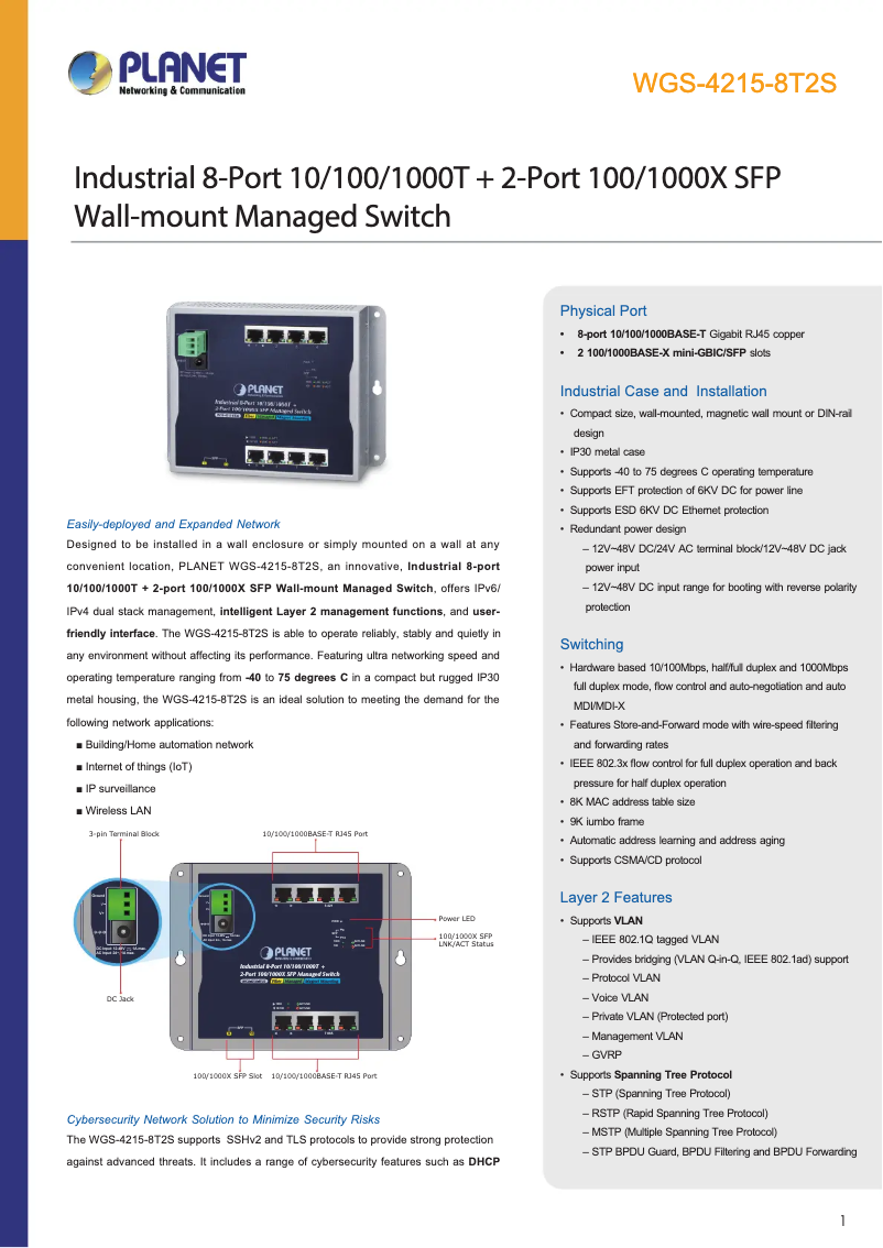 Page 1 de la notice Fiche technique Planet WGS-4215-8T2S