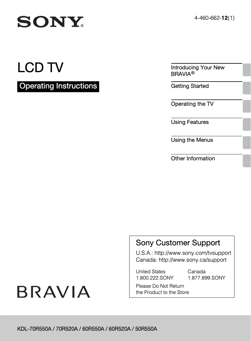 Page 1 de la notice Manuel utilisateur Sony Bravia KDL-70R550A
