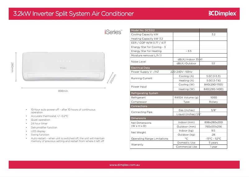 Page 1 of the manual Technical Sheet Dimplex DCSS12