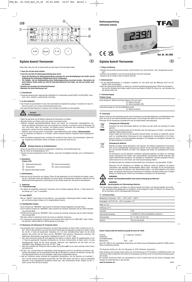Page 1 de la notice Manuel utilisateur TFA LT-102 30.1034