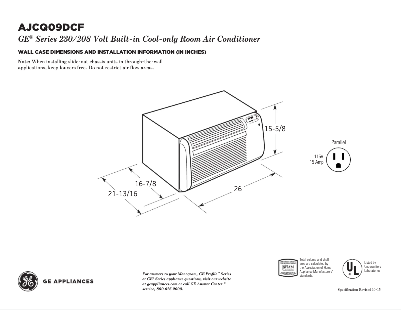 Page 1 of the manual Technical Sheet GE AJCQ09DCF