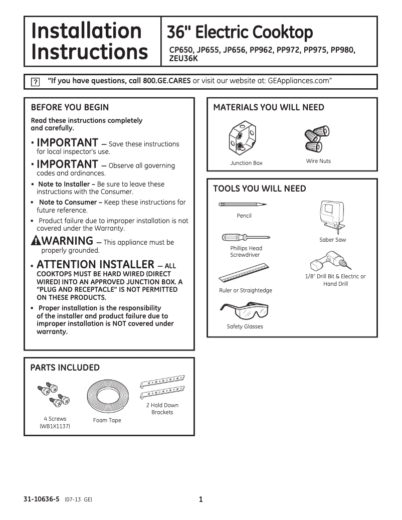 Página 1 del manual Guía de instalación GE JP656DDWW