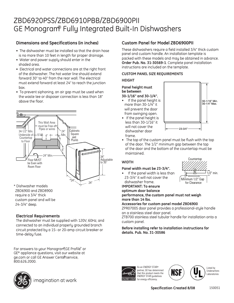 Page 1 of the manual Technical Sheet GE ZBD6910PBB