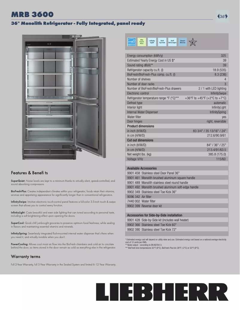 Page 1 de la notice Fiche technique Liebherr Monolith MRB 3600